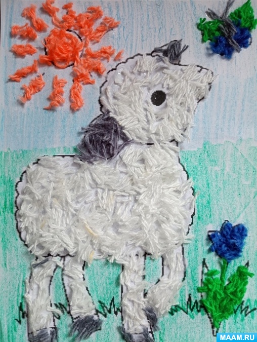 Детский мастер-класс по выполнению объёмной аппликации из пряжи с элементами рисования «Овечка на лугу»