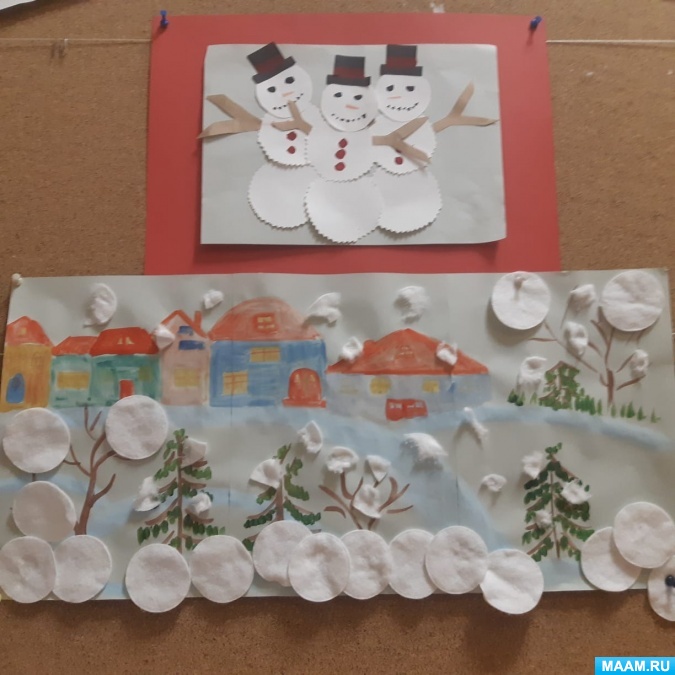 Стенгазета «Снеговик и зимняя забава» в технике аппликации с детьми раннего возраста