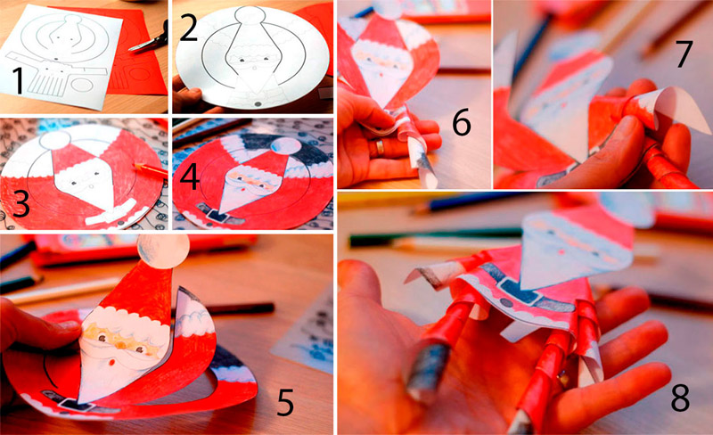 Вырезать и раскрасить деда Мороза фломастерами или мелками, сложить последовательно, как показано на рисунке