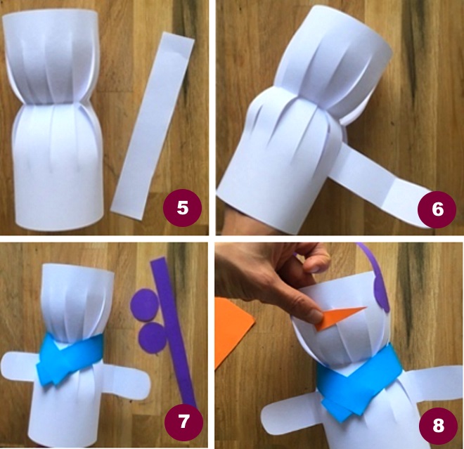 Изготовление снеговика из бумаги завершающие шаги